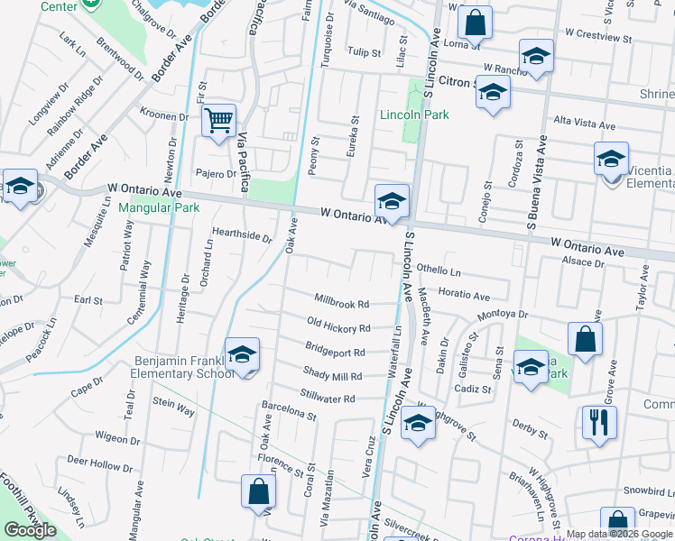 map of restaurants, bars, coffee shops, grocery stores, and more near 1222 Stephanie Drive in Corona