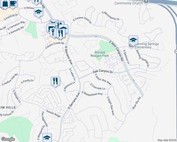 map of restaurants, bars, coffee shops, grocery stores, and more near 8236 East White Fir Lane in Anaheim