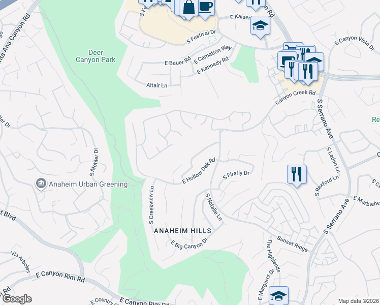 map of restaurants, bars, coffee shops, grocery stores, and more near 879 South Cottontail Lane in Anaheim