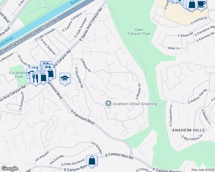 map of restaurants, bars, coffee shops, grocery stores, and more near 335 South Timken Road in Anaheim
