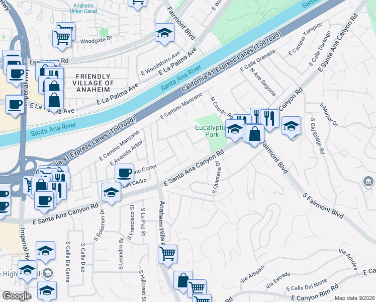map of restaurants, bars, coffee shops, grocery stores, and more near 151 North Paseo Rio Moreno in Anaheim