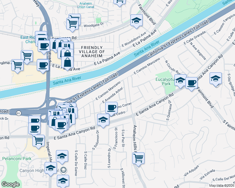 map of restaurants, bars, coffee shops, grocery stores, and more near 6033 East Avenida Arbol in Anaheim