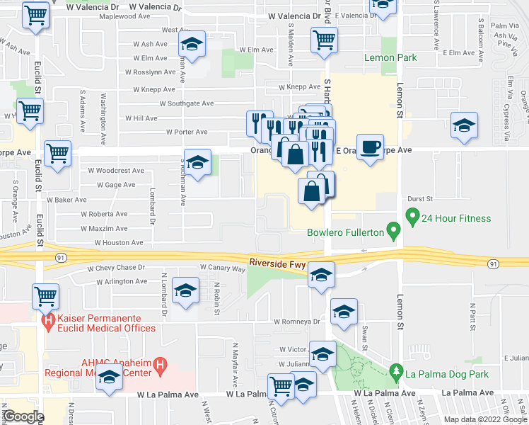 map of restaurants, bars, coffee shops, grocery stores, and more near 1414 South Highland Avenue in Fullerton