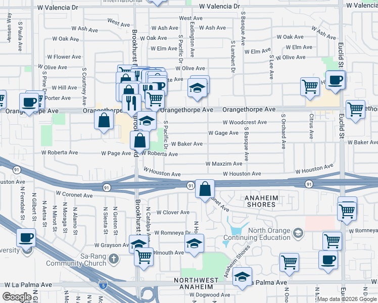 map of restaurants, bars, coffee shops, grocery stores, and more near 1612 West Baker Avenue in Fullerton