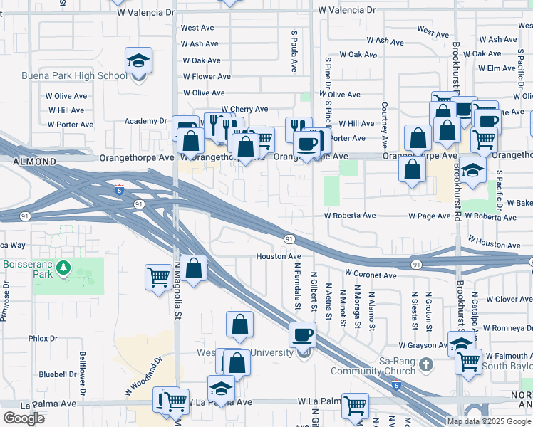 map of restaurants, bars, coffee shops, grocery stores, and more near 1438 South Peckham Street in Fullerton