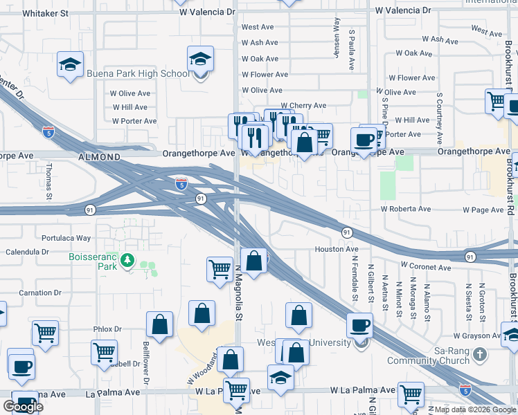 map of restaurants, bars, coffee shops, grocery stores, and more near 1600 Picadilly Way in Fullerton