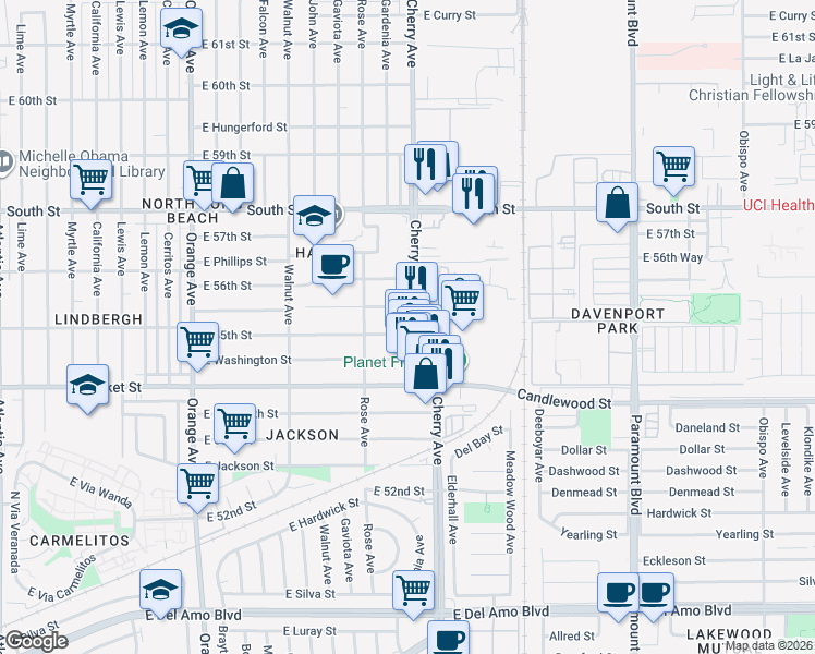 map of restaurants, bars, coffee shops, grocery stores, and more near 5525 Cherry Avenue in Long Beach