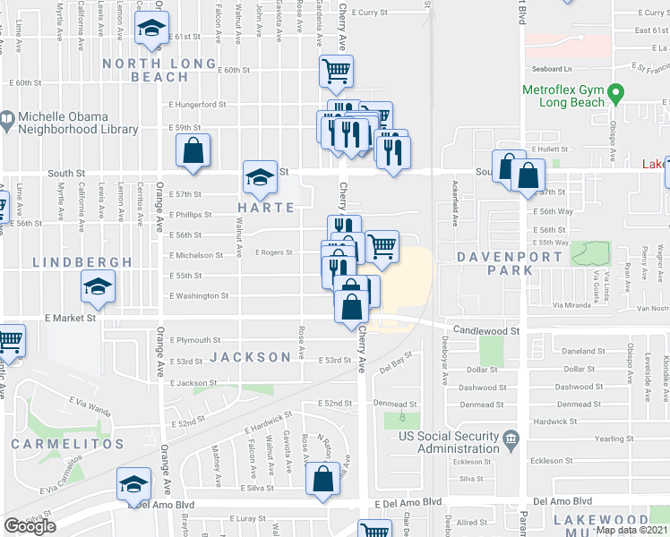map of restaurants, bars, coffee shops, grocery stores, and more near 5525 Cherry Avenue in Long Beach