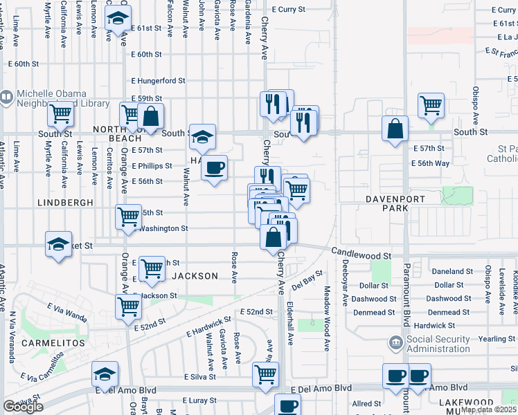 map of restaurants, bars, coffee shops, grocery stores, and more near 5525 Cherry Avenue in Long Beach