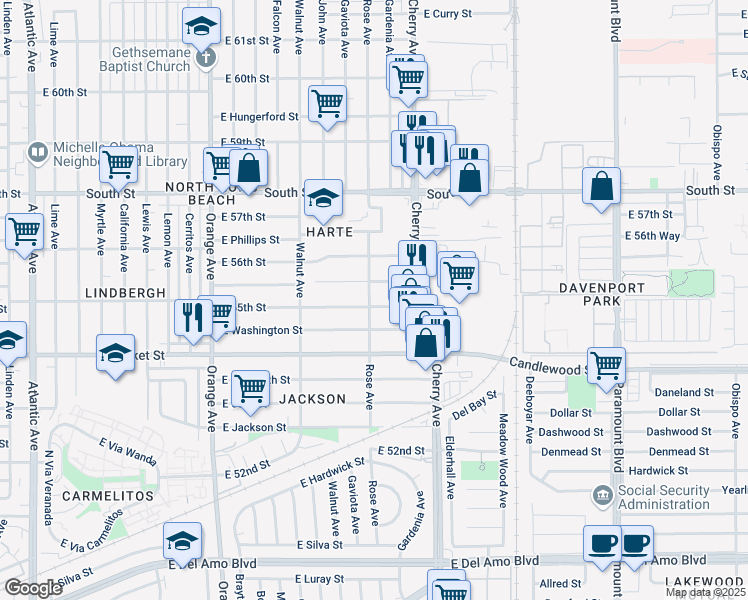 map of restaurants, bars, coffee shops, grocery stores, and more near 1825 East 55th Street in Long Beach