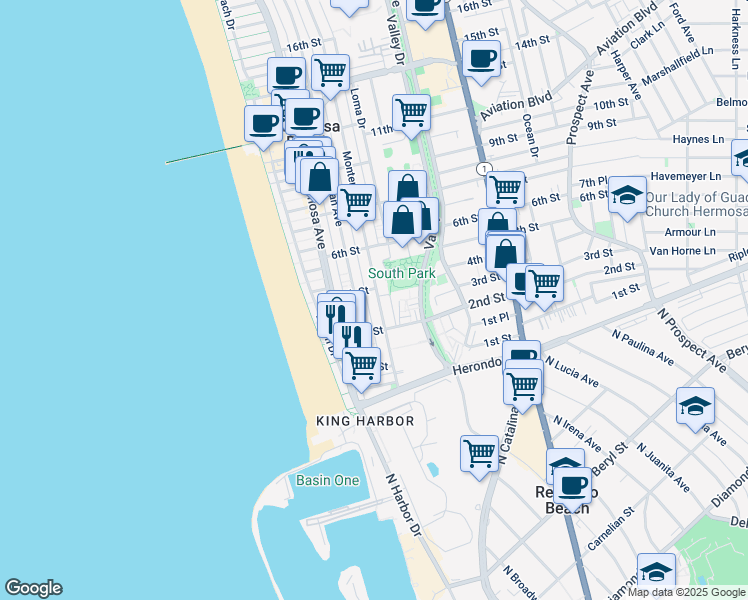 map of restaurants, bars, coffee shops, grocery stores, and more near 402 Monterey Boulevard in Hermosa Beach