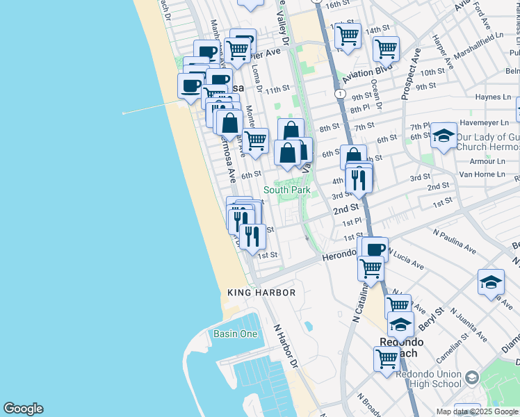 map of restaurants, bars, coffee shops, grocery stores, and more near 319 Bayview Drive in Hermosa Beach