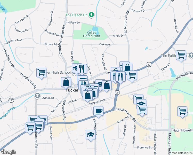 map of restaurants, bars, coffee shops, grocery stores, and more near 5109 Lavista Road in Tucker