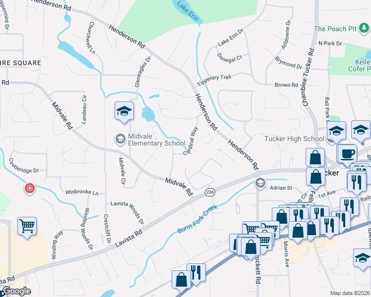 map of restaurants, bars, coffee shops, grocery stores, and more near 2424 Cardinal Way in Tucker