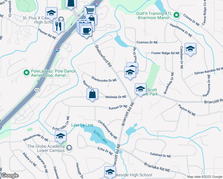 map of restaurants, bars, coffee shops, grocery stores, and more near 2429 Sherbrooke Court Northeast in Atlanta