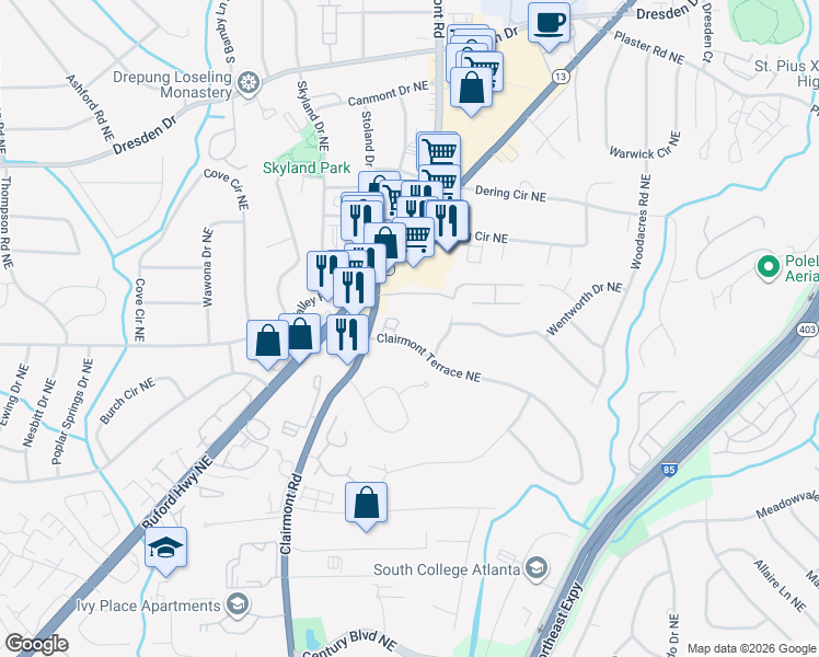 map of restaurants, bars, coffee shops, grocery stores, and more near 1886 Greystone Oaks Way in Atlanta