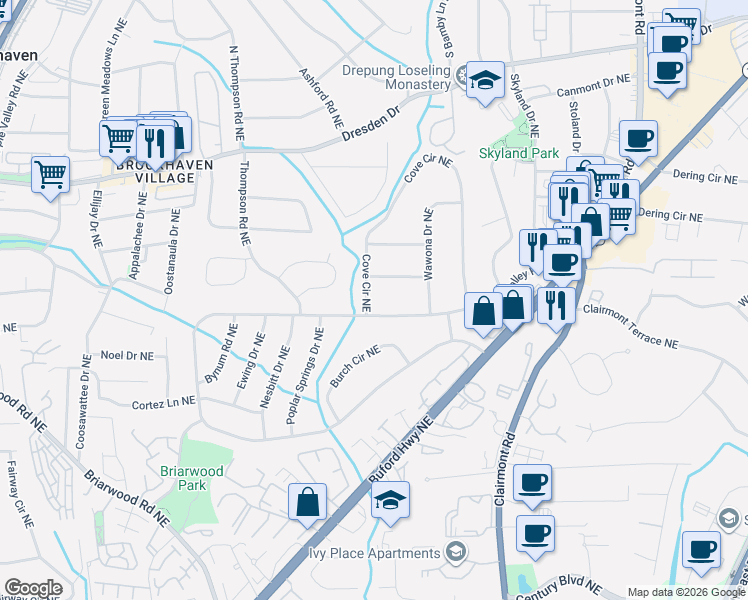 map of restaurants, bars, coffee shops, grocery stores, and more near 2425 Cove Circle Northeast in Atlanta