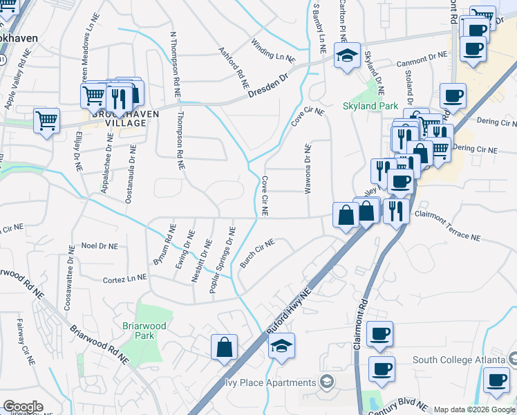 map of restaurants, bars, coffee shops, grocery stores, and more near 2425 Cove Circle Northeast in Atlanta