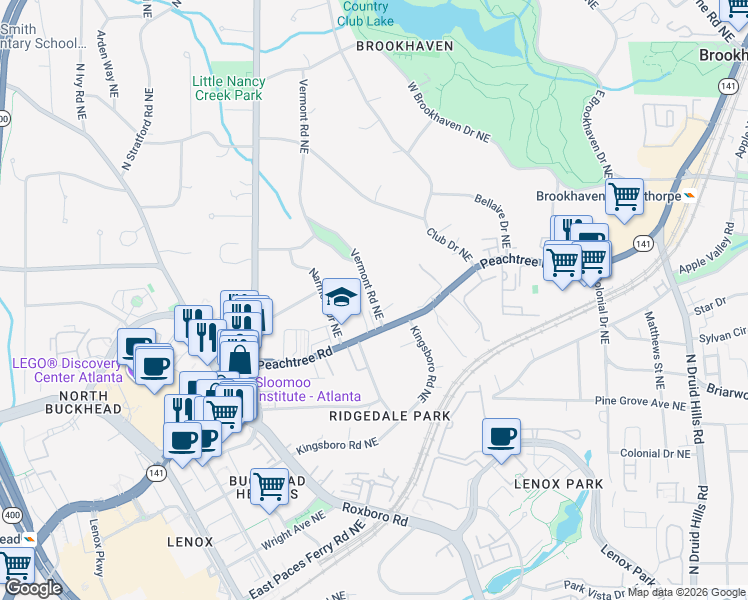 map of restaurants, bars, coffee shops, grocery stores, and more near 3725 Vermont Road Northeast in Atlanta