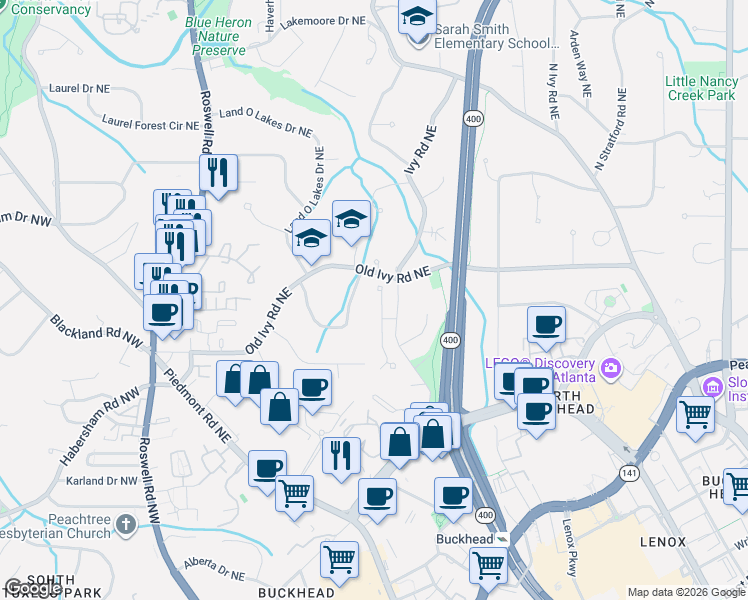map of restaurants, bars, coffee shops, grocery stores, and more near 3639 Old Ivy Lane Northeast in Atlanta