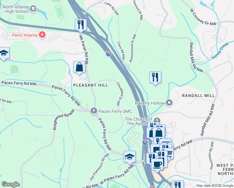 map of restaurants, bars, coffee shops, grocery stores, and more near 3674 Cloudland Drive Northwest in Atlanta