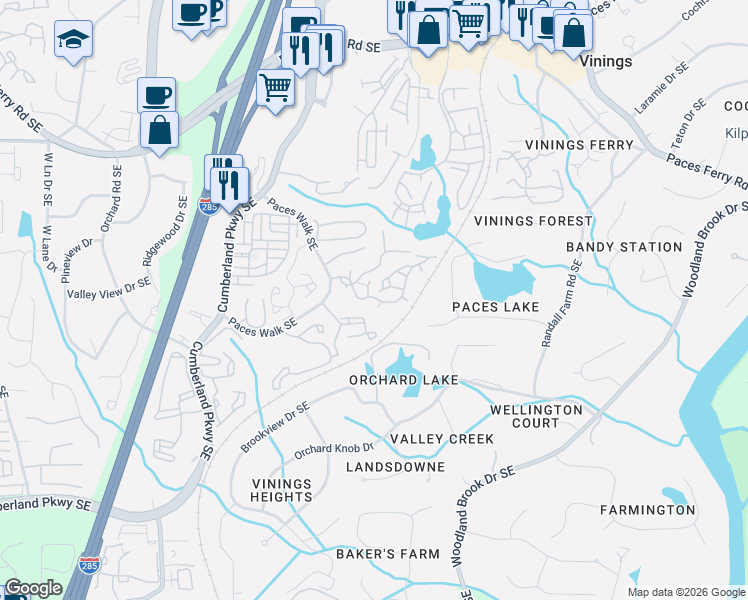 map of restaurants, bars, coffee shops, grocery stores, and more near Paces Station Dr in Atlanta