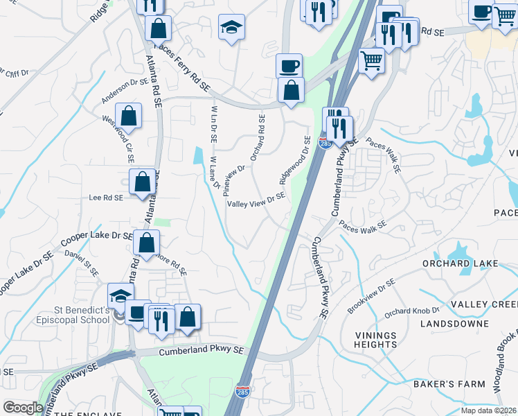 map of restaurants, bars, coffee shops, grocery stores, and more near 2331 Valleyview Drive in Smyrna