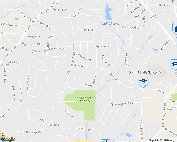 map of restaurants, bars, coffee shops, grocery stores, and more near 680 North Cooper Lake Road Southeast in Smyrna