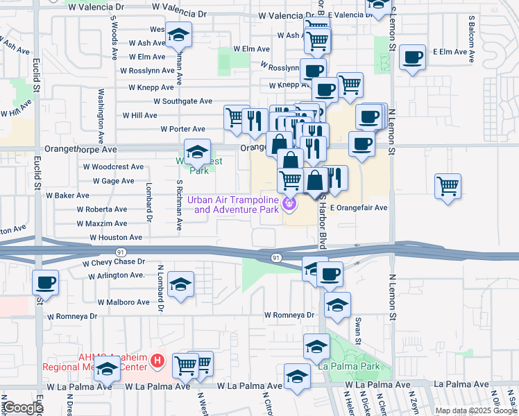 map of restaurants, bars, coffee shops, grocery stores, and more near 1414 South Highland Avenue in Fullerton