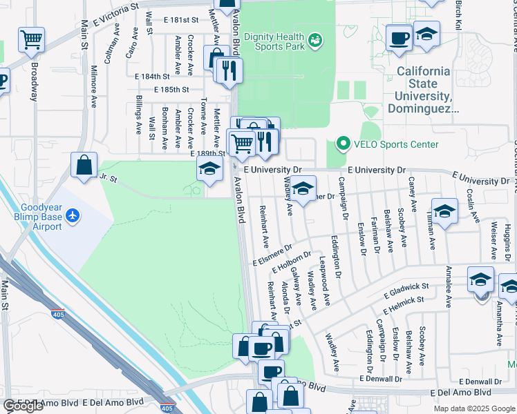 map of restaurants, bars, coffee shops, grocery stores, and more near 19215 Reinhart Ave in Carson
