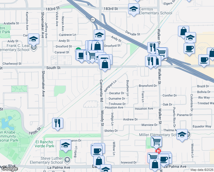 map of restaurants, bars, coffee shops, grocery stores, and more near 7315 Rampart Lane in La Palma