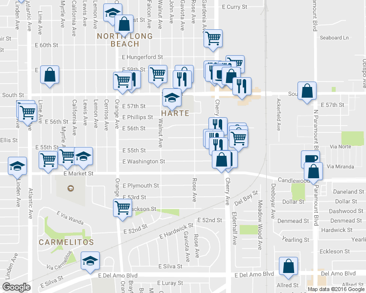 map of restaurants, bars, coffee shops, grocery stores, and more near 1689 East 55th Street in Long Beach