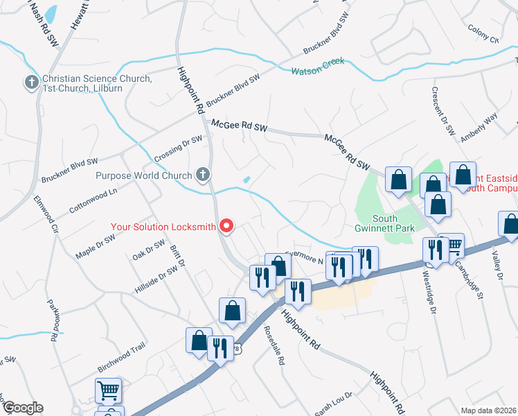 map of restaurants, bars, coffee shops, grocery stores, and more near 3244 Cherrychest Way in Snellville