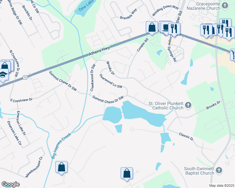 map of restaurants, bars, coffee shops, grocery stores, and more near 2990 Summit Ridge in Snellville