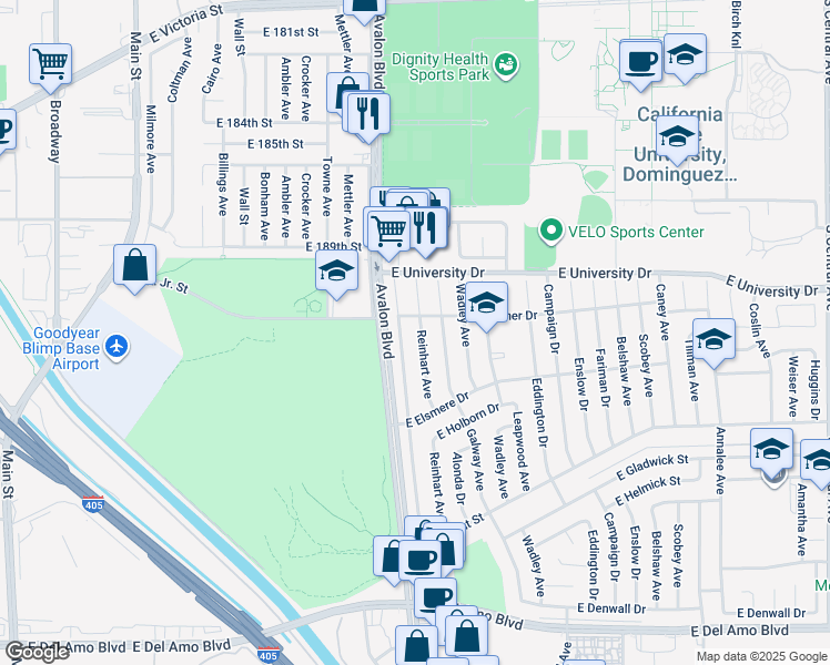 map of restaurants, bars, coffee shops, grocery stores, and more near 19215 Reinhart Avenue in Carson