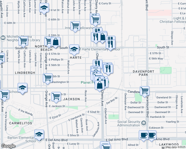 map of restaurants, bars, coffee shops, grocery stores, and more near 1915 East 55th Street in Long Beach