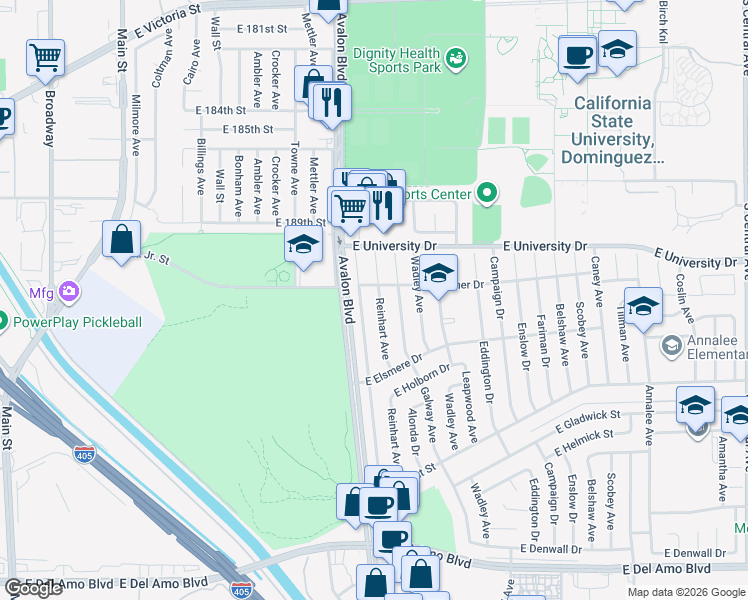 map of restaurants, bars, coffee shops, grocery stores, and more near 19215 Reinhart Avenue in Carson
