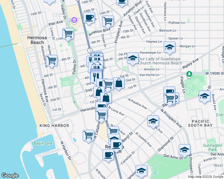 map of restaurants, bars, coffee shops, grocery stores, and more near 931 1st Street in Hermosa Beach