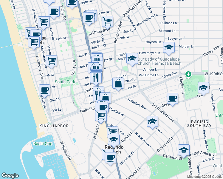 map of restaurants, bars, coffee shops, grocery stores, and more near 931 1st Street in Hermosa Beach