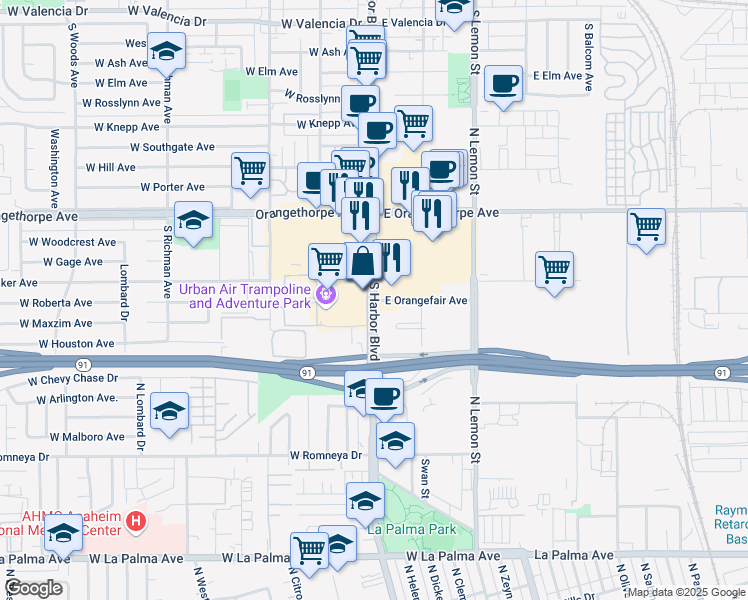 map of restaurants, bars, coffee shops, grocery stores, and more near South Harbor Boulevard & Orangefair Avenue in Fullerton