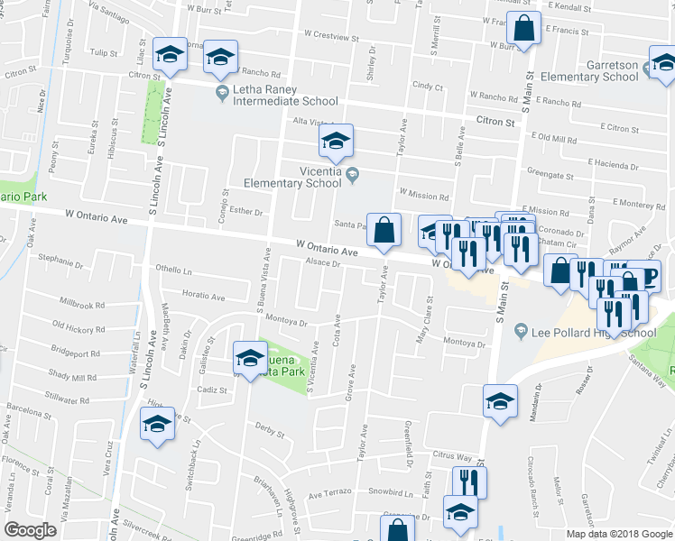 map of restaurants, bars, coffee shops, grocery stores, and more near 2256 Cota Avenue in Corona