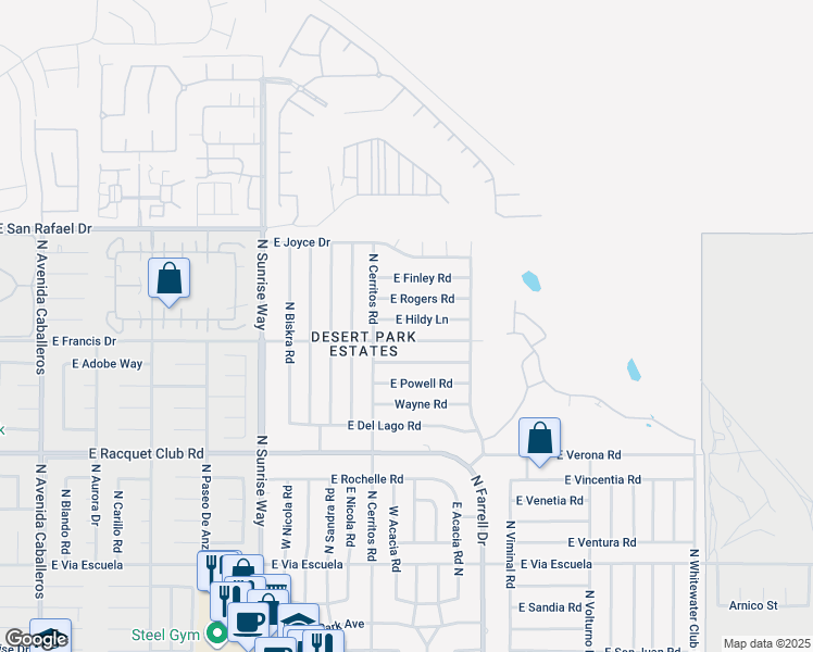 map of restaurants, bars, coffee shops, grocery stores, and more near 2225 East Hildy Lane in Palm Springs
