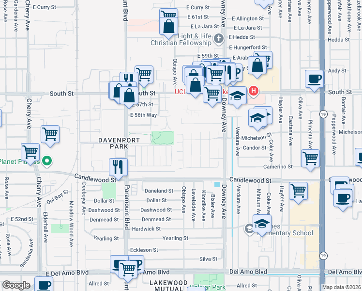 map of restaurants, bars, coffee shops, grocery stores, and more near 3112 Lamar Court in Lakewood