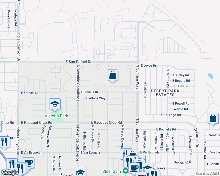 map of restaurants, bars, coffee shops, grocery stores, and more near 1351 Sunflower Circle South in Palm Springs