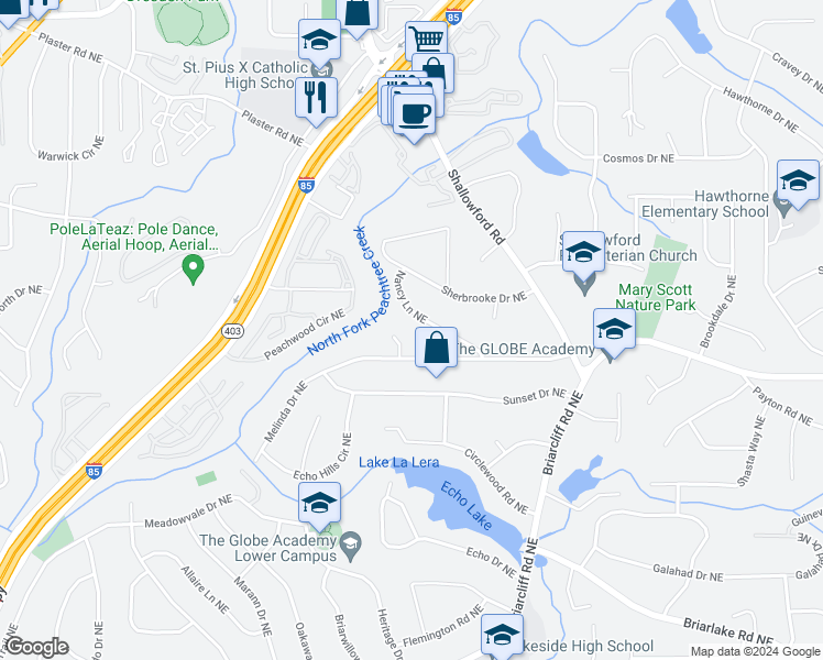 map of restaurants, bars, coffee shops, grocery stores, and more near 2466 Nancy Lane Northeast in Atlanta