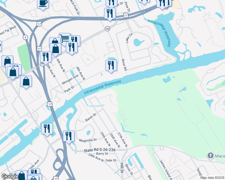 map of restaurants, bars, coffee shops, grocery stores, and more near 2713 Ships Wheel Drive in North Myrtle Beach