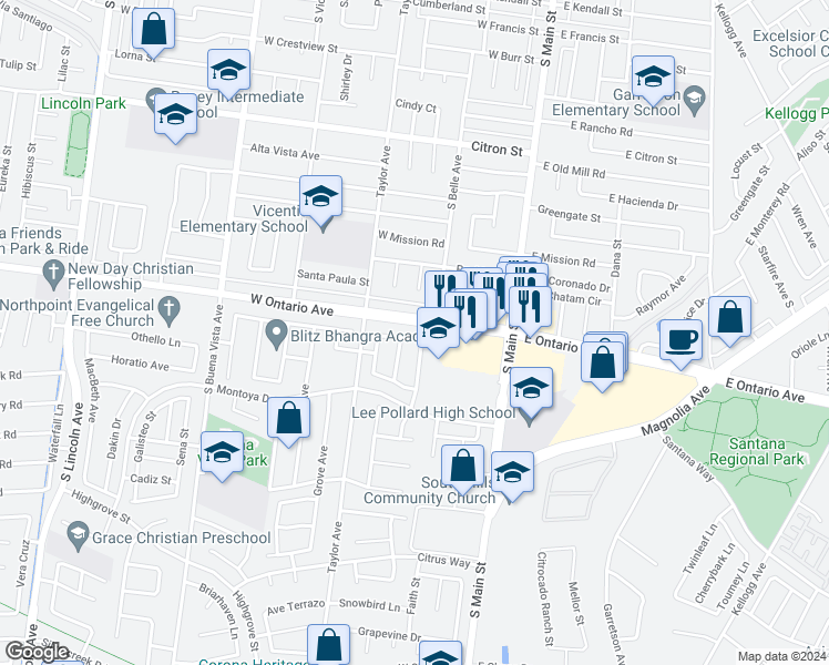 map of restaurants, bars, coffee shops, grocery stores, and more near 405 Lauren Marcella Drive in Corona
