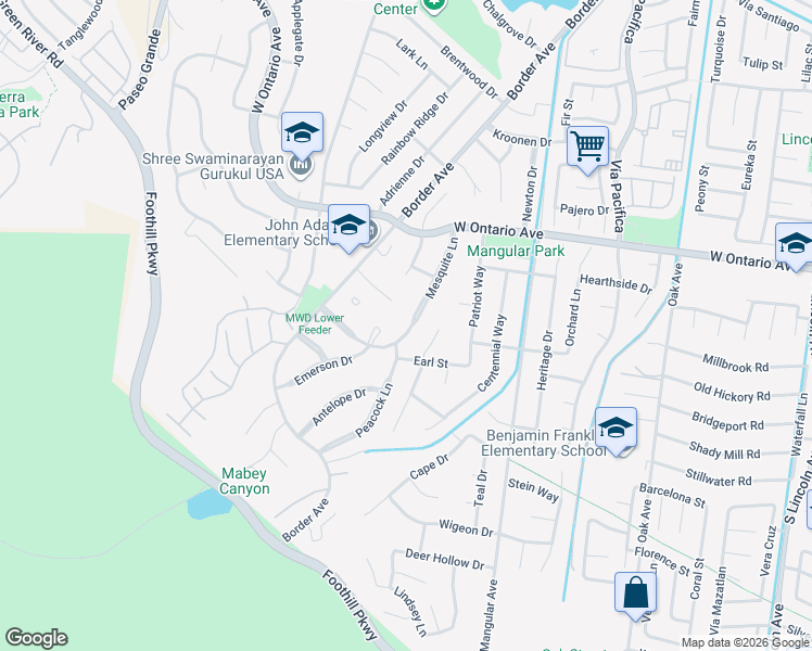 map of restaurants, bars, coffee shops, grocery stores, and more near 2418 Mesquite Lane in Corona