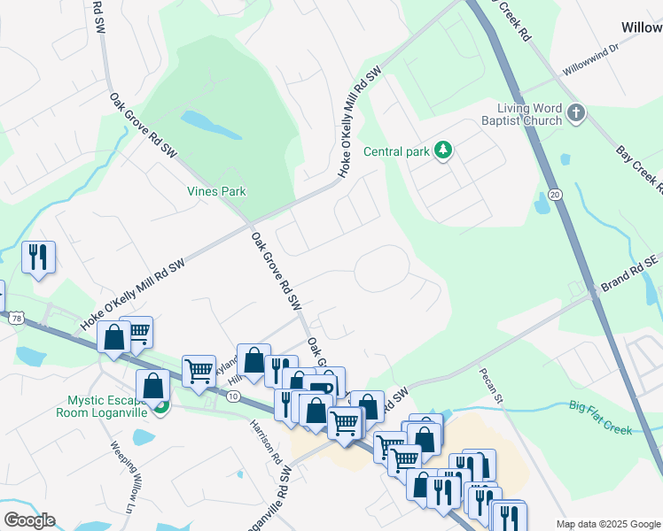 map of restaurants, bars, coffee shops, grocery stores, and more near 271 Shadowbrooke Drive in Loganville