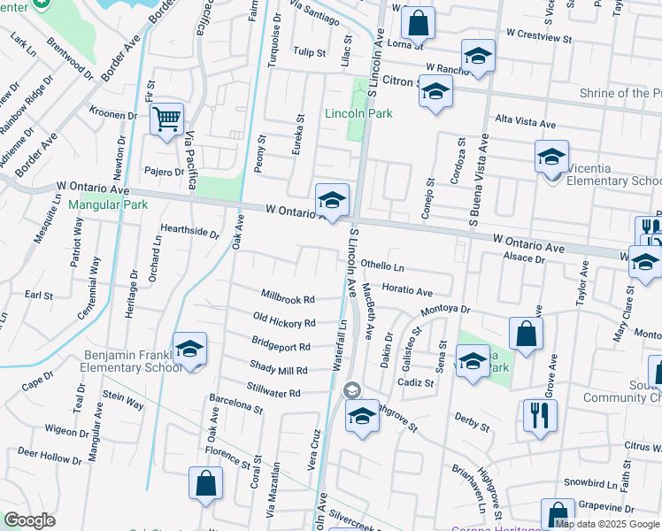 map of restaurants, bars, coffee shops, grocery stores, and more near 2350 Claudia Street in Corona